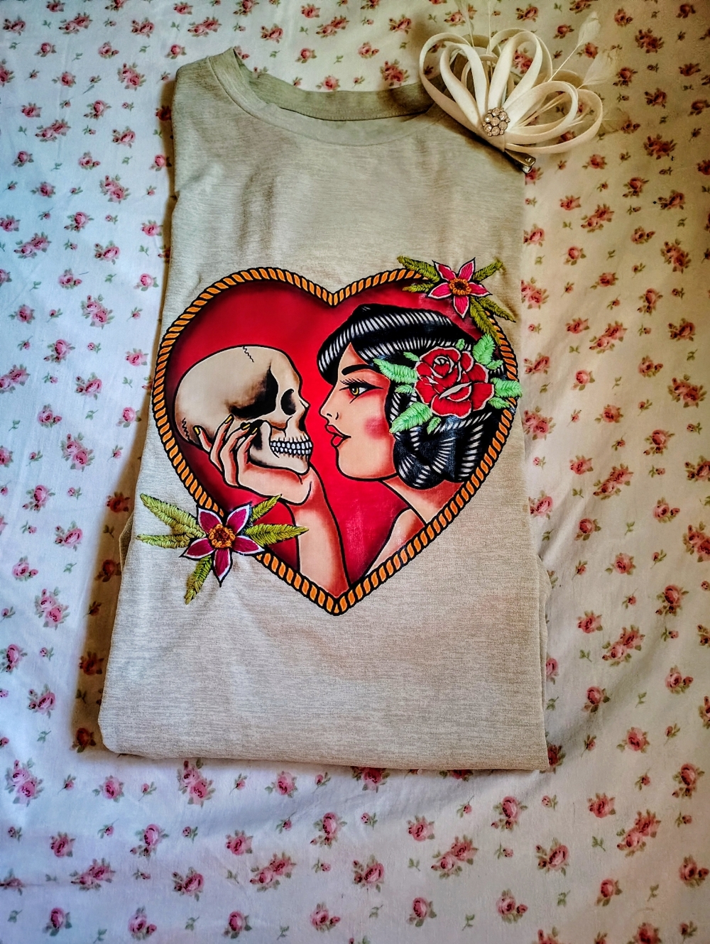 ☠️ ❤️ A Deathly Love -- Unique one-of-a-kind hand embroidered shirt